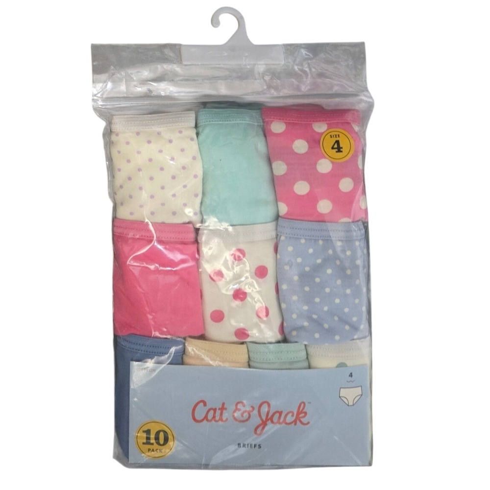 Cat & Jack Girls 10 Pack Cotton Briefs Underwear Size 4 Polka Dot Solid Multi